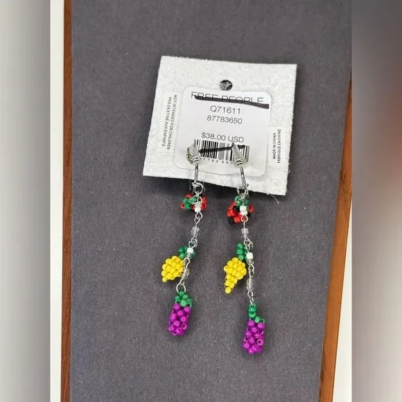 NWT Free People Sweet Treat Fruit Strawberry/Lemon/Grape Beaded Dangle Earrings - Picture 4 of 5